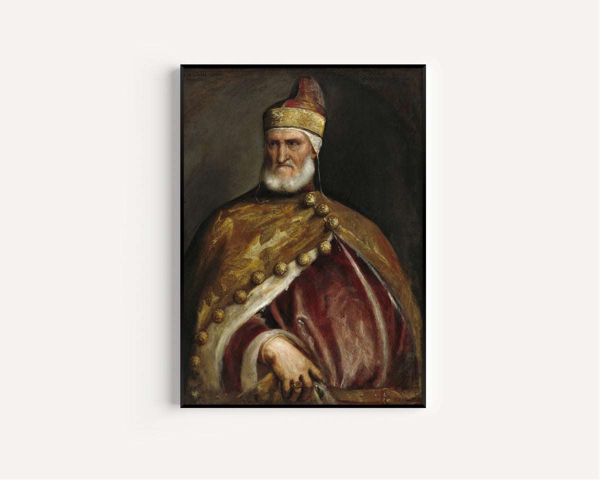 Framed art print of Doge Andrea Gritti by Titian, in a slim black frame on a plain white wall