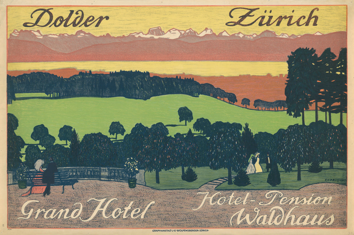 Dolder Grand Hotel, Hotel-Pension Waldhaus, Zürich by Emil Cardinaux — A hotel garden above the lake, with the Alps glowing beyond