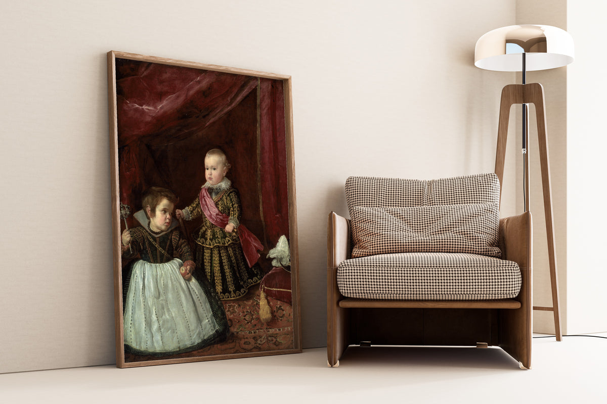 Framed art print of Don Baltasar Carlos with a Dwarf by Diego Velázquez, leaning against a wall beside an armchair and a floor lamp