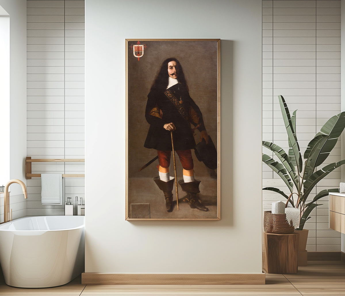 Framed art print of Don Juan Bazo de Moreda by Francisco de Zurbarán, in a bathroom beside a freestanding tub
