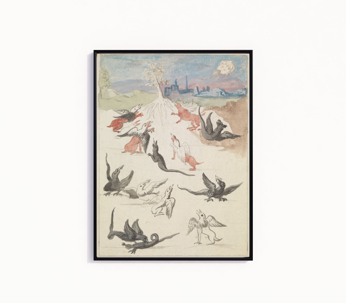 After Nicolas Flamel — Dragons and Griffins around a Lone Flowering Tree | Alchemical Watercolour Print