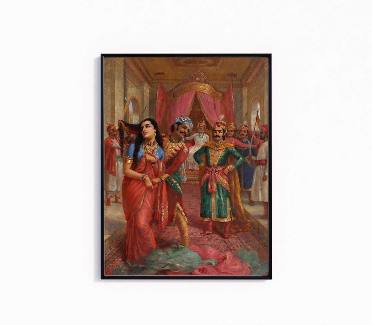 Framed art print of Draupadi Vastraharan by Raja Ravi Varma, in a slim black frame on a plain white wall