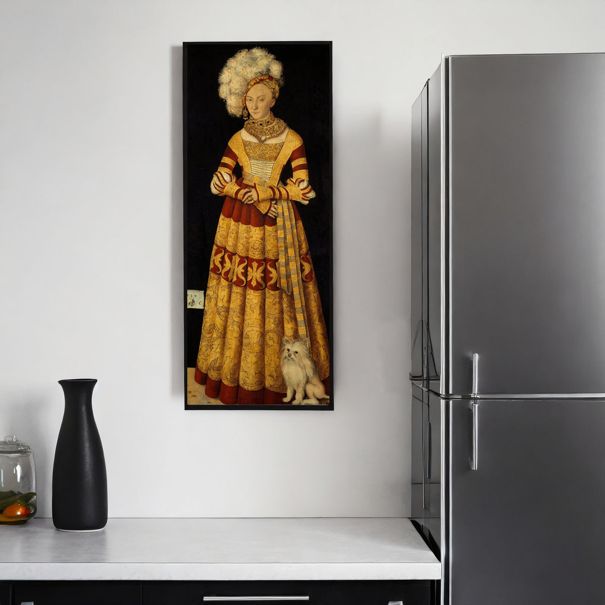 Framed art print of Duchess Katharina von Mecklenburg by Lucas Cranach the Elder, on a kitchen wall