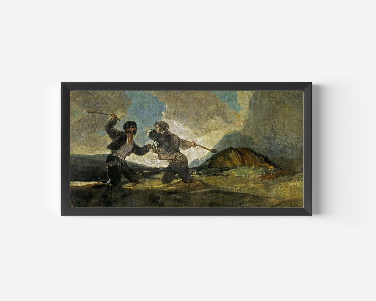 Framed art print of Duelo a garrotazos (Fight with Cudgels) by Francisco de Goya, in a wide black frame on a plain white wall