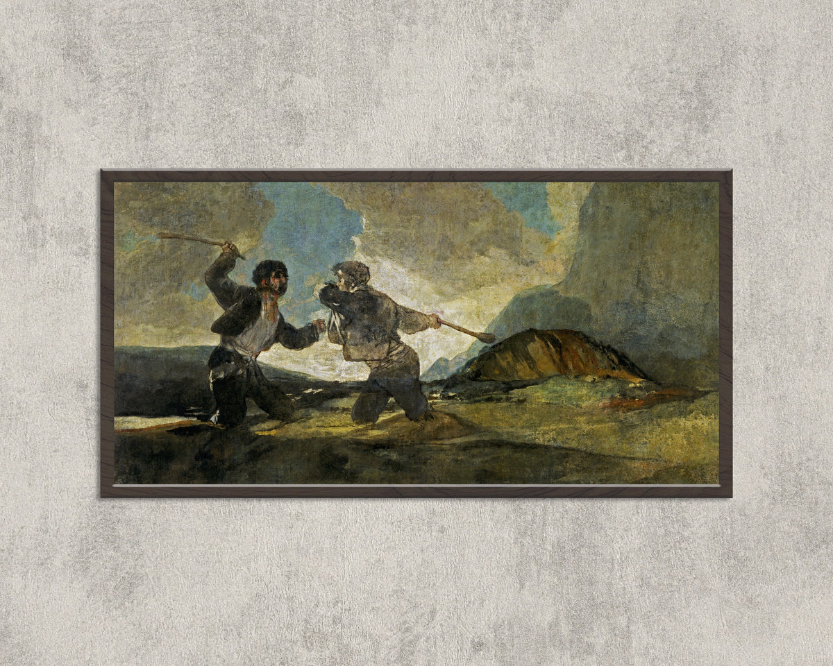 Framed art print of Duelo a garrotazos (Fight with Cudgels) by Francisco de Goya, in a wide black frame on a concrete wall