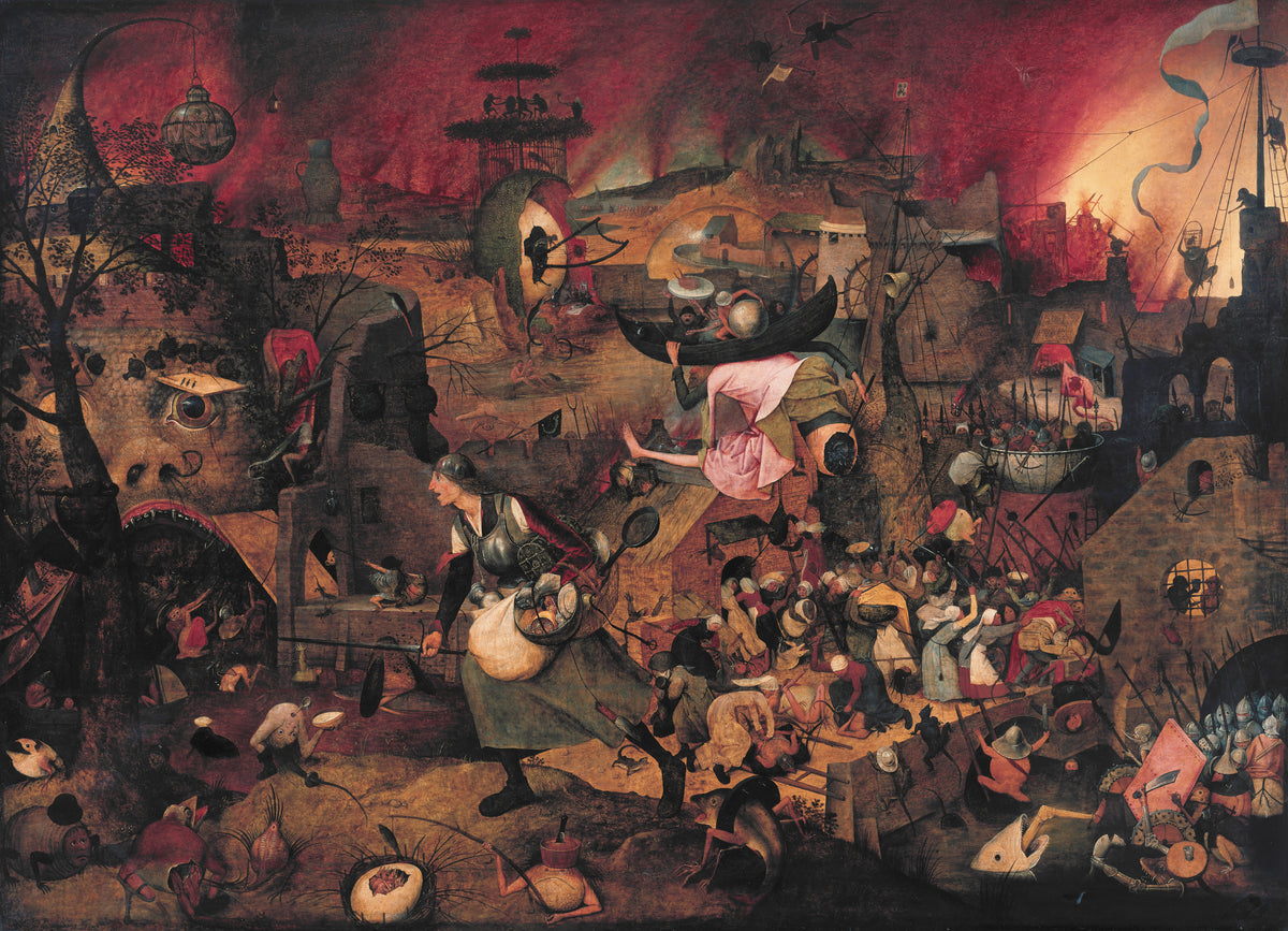 Dulle Griet by Pieter Bruegel the Elder — An armoured woman storms past hell's mouth under a blazing sky