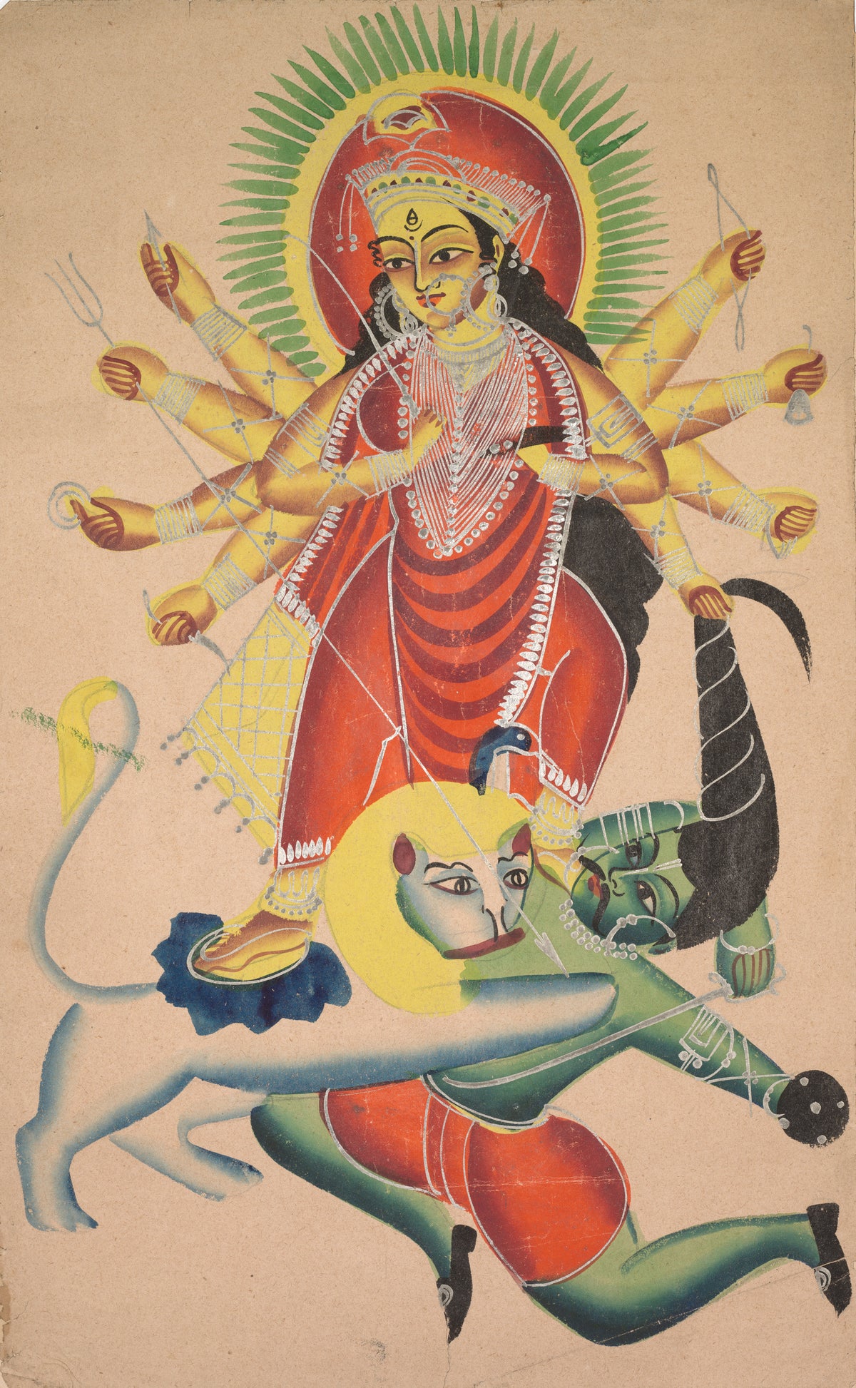 Kalighat painter — Durga Killing the Demon Mahisha | Kalighat Painting Print
