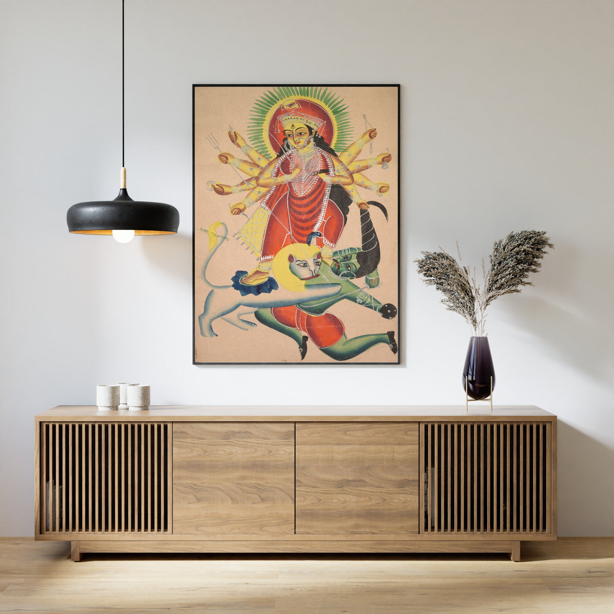 Kalighat painter — Durga Killing the Demon Mahisha | Kalighat Painting Print