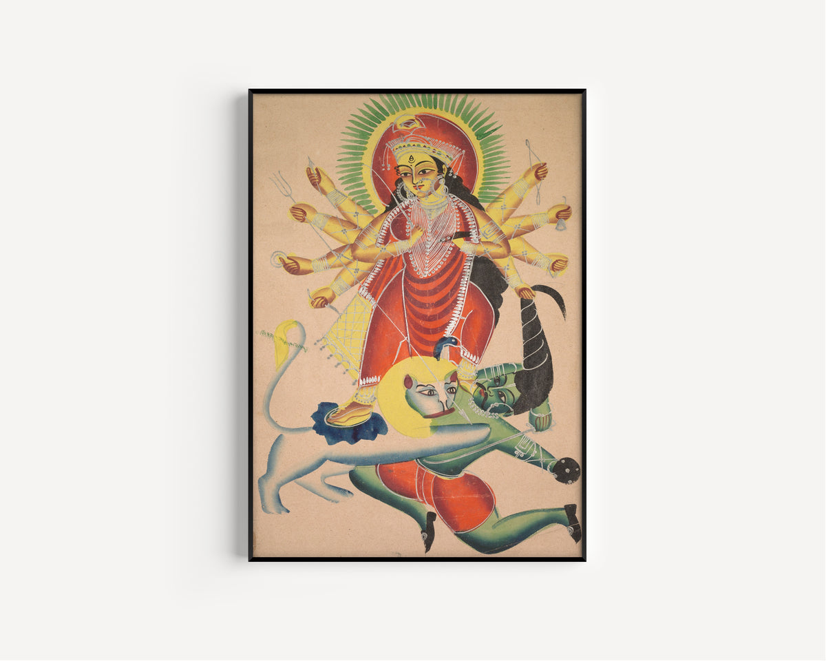 Kalighat painter — Durga Killing the Demon Mahisha | Kalighat Painting Print