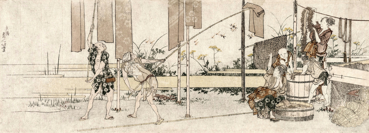 Dyers at Work by Katsushika Hokusai — Dyers raise lengths of patterned cloth on long bamboo poles