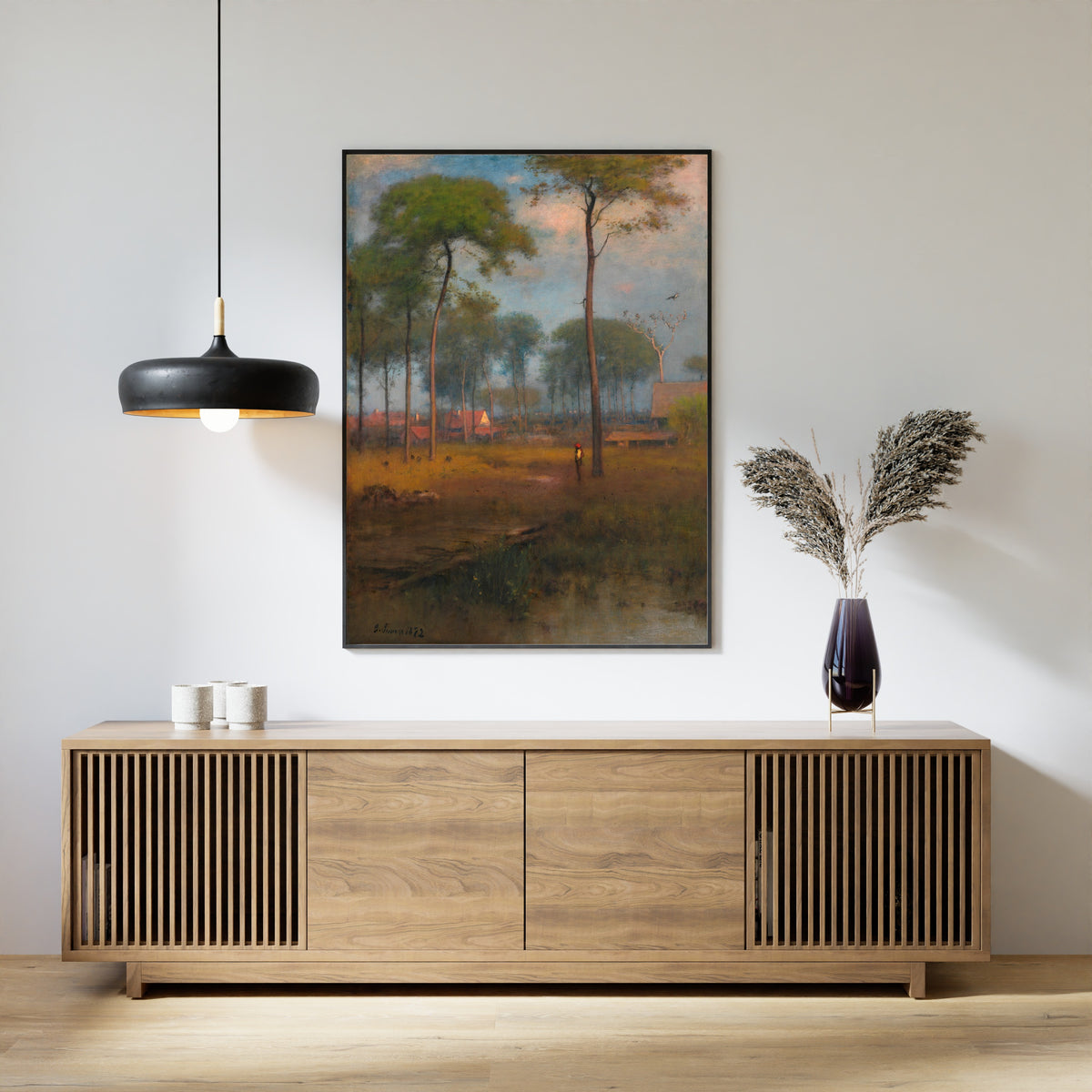 Early Morning, Tarpon Springs by George Inness — framed above a slatted wood sideboard