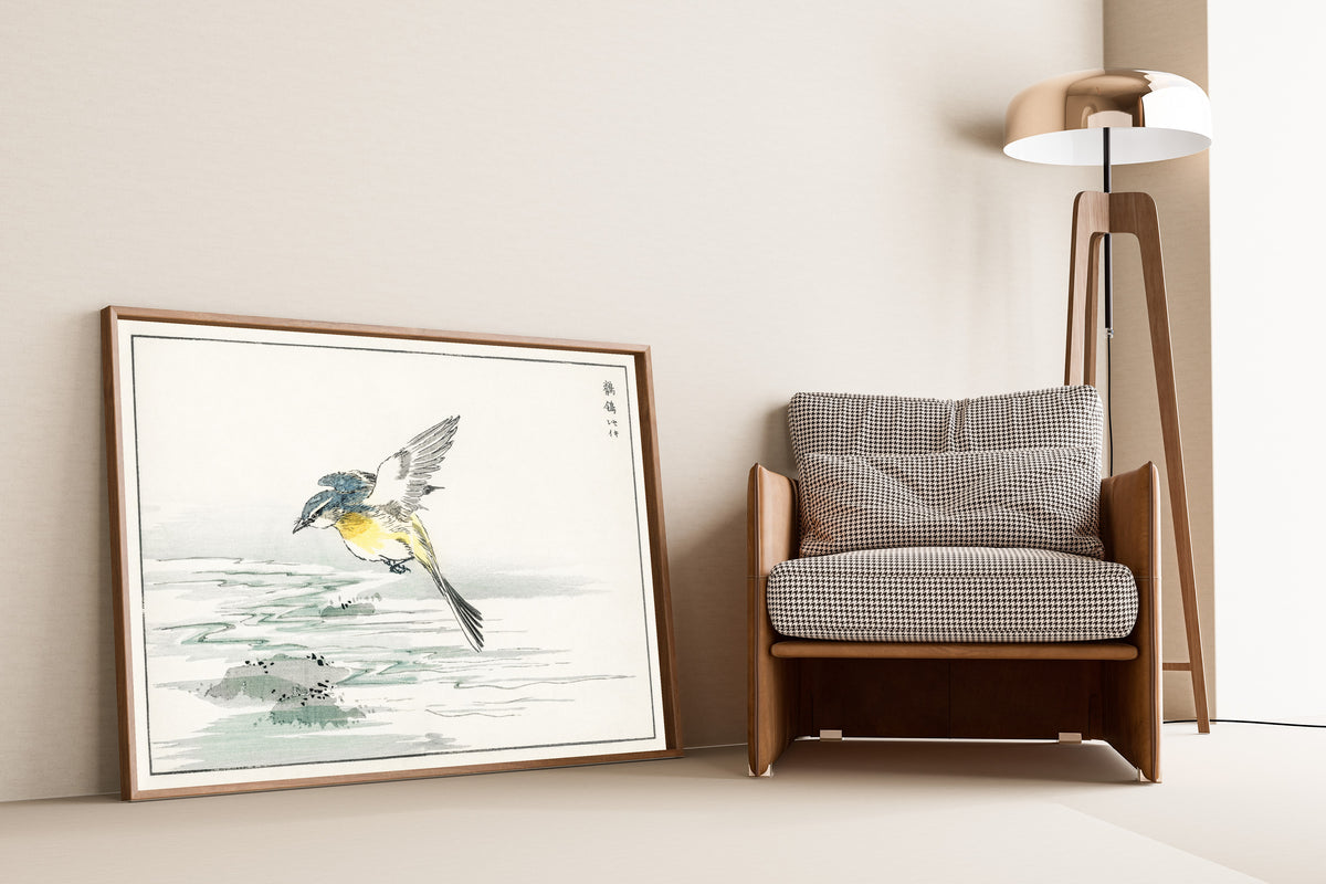 Numata Kashū — Wagtail over a Stream | Japanese Bird & Flower Woodblock Print