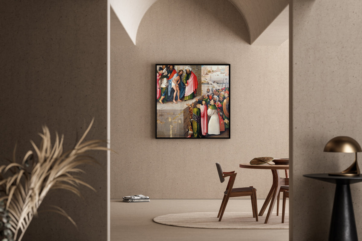 Framed art print of Ecce Homo by Hieronymus Bosch, in a sunlit dining corner