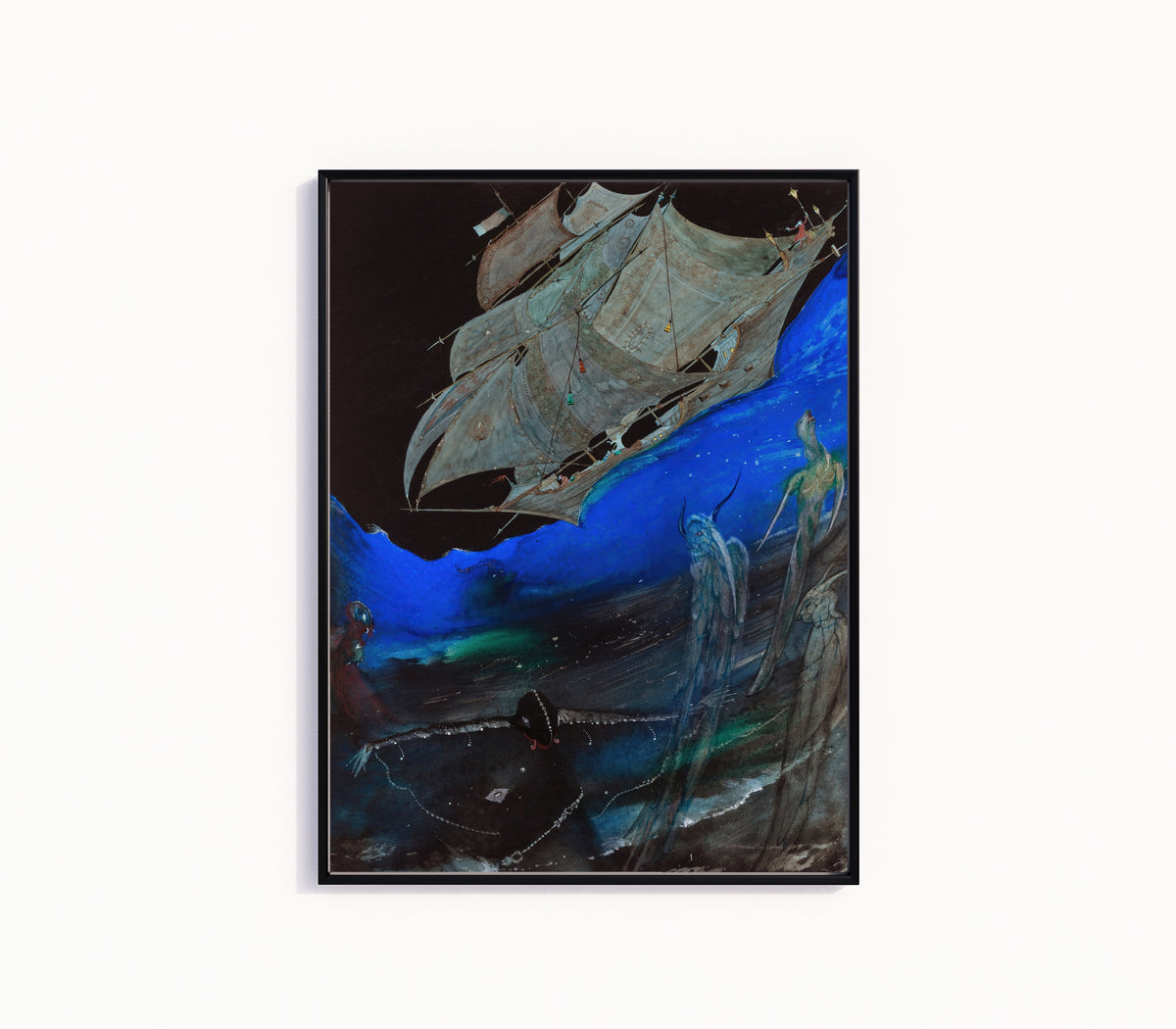 Framed art print of Edgar Allan Poe’s Tales of Mystery and Imagination: Illustration by Harry Clarke, in a slim black frame on a plain white wall