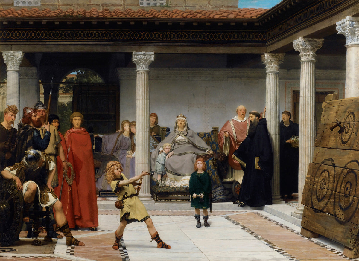 Education of the Children of Clovis by Lawrence Alma-Tadema — A Frankish boy throws an axe at a target as a seated queen looks on