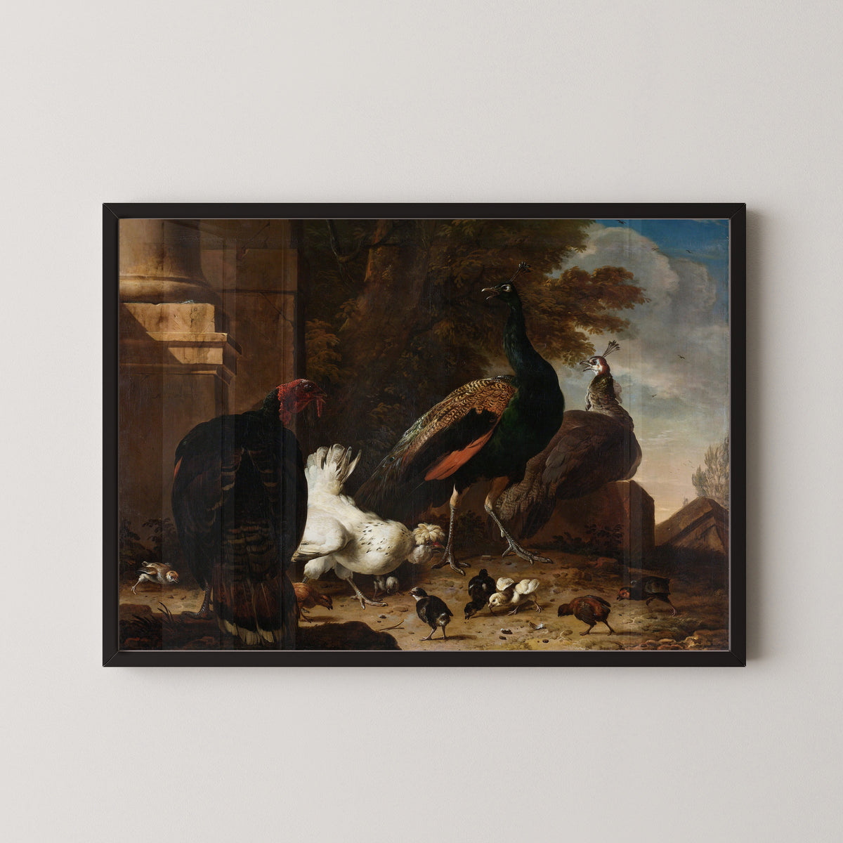 Melchior d'Hondecoeter — Een hen met pauwen en een kalkoen (A Hen with Peacocks and a Turkey) | Fine Art Print
