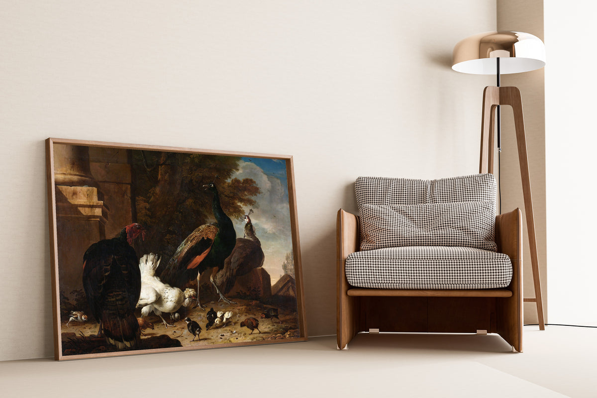 Melchior d'Hondecoeter — Een hen met pauwen en een kalkoen (A Hen with Peacocks and a Turkey) | Fine Art Print