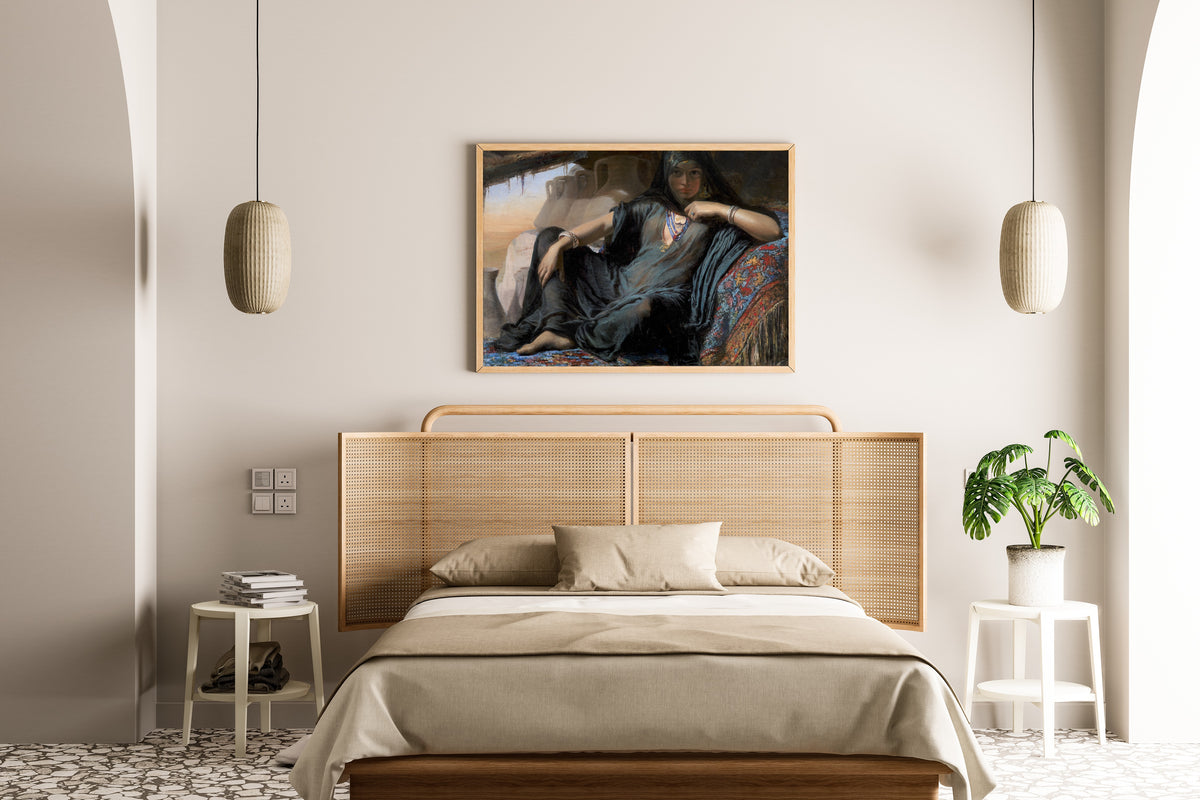 Egyptian Pot Seller by Elisabeth Jerichau-Baumann — framed above a cane-headboard bed