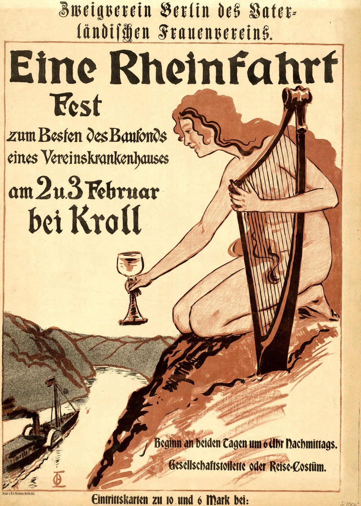 Eine Rheinfahrt: Zweigverein Berlin des Vaterländischen Frauenvereins by Otto Eckmann — A harpist kneels on a cliff above a river steamer