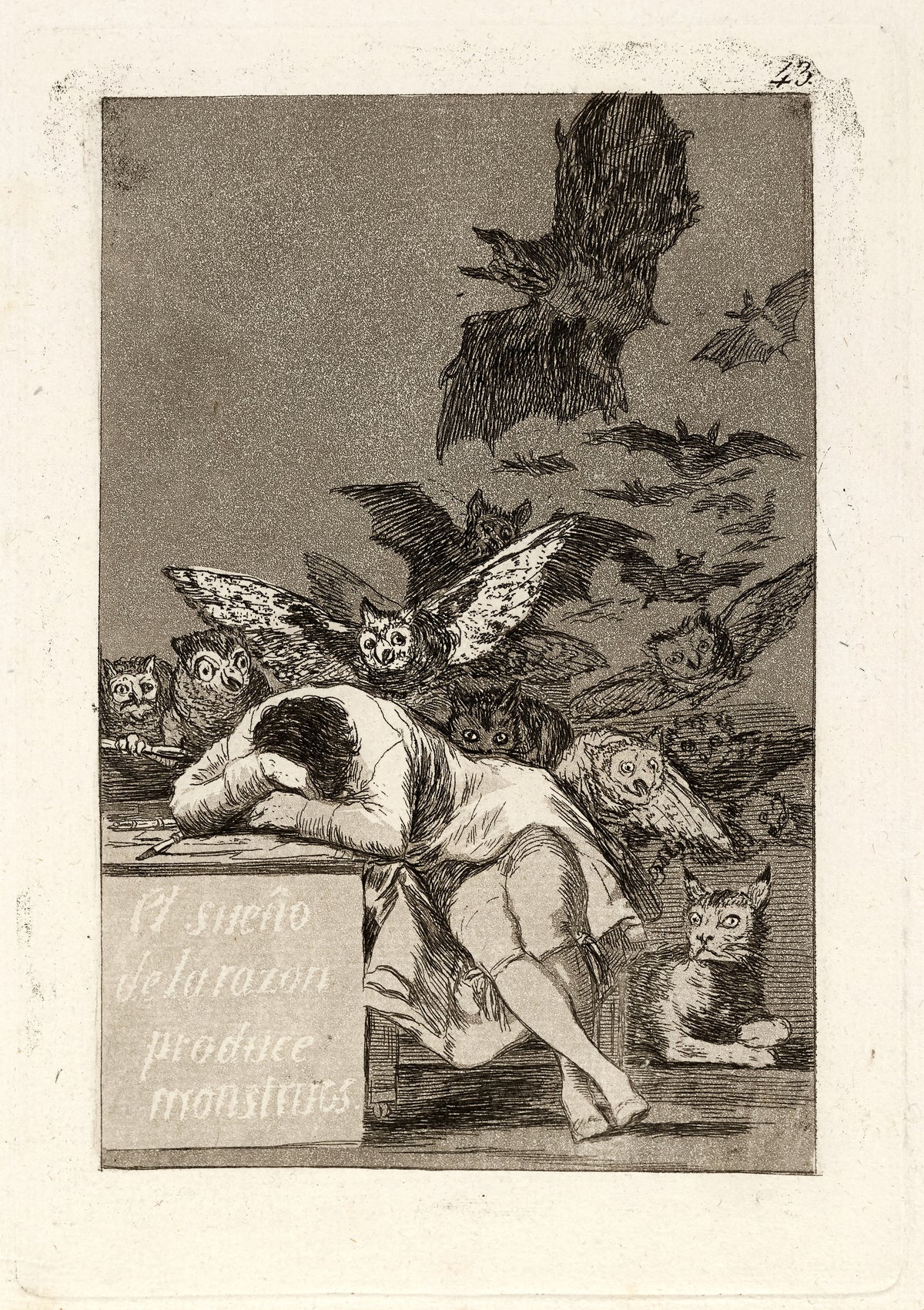 El sueño de la razon produce monstruos (The Sleep of Reason Produces Monsters), Los Caprichos, Plate 43 by Francisco de Goya — A sleeper slumps over his desk