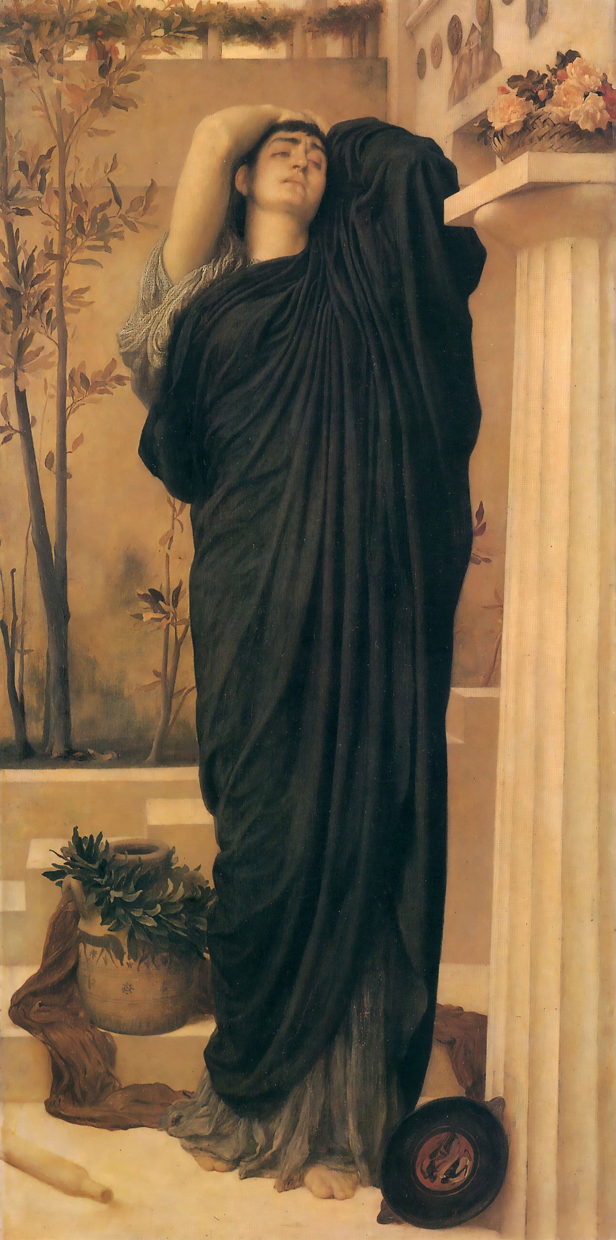 Electra at the Tomb of Agamemnon by Frederic Leighton — A grieving woman in black robes stands at a white fluted column