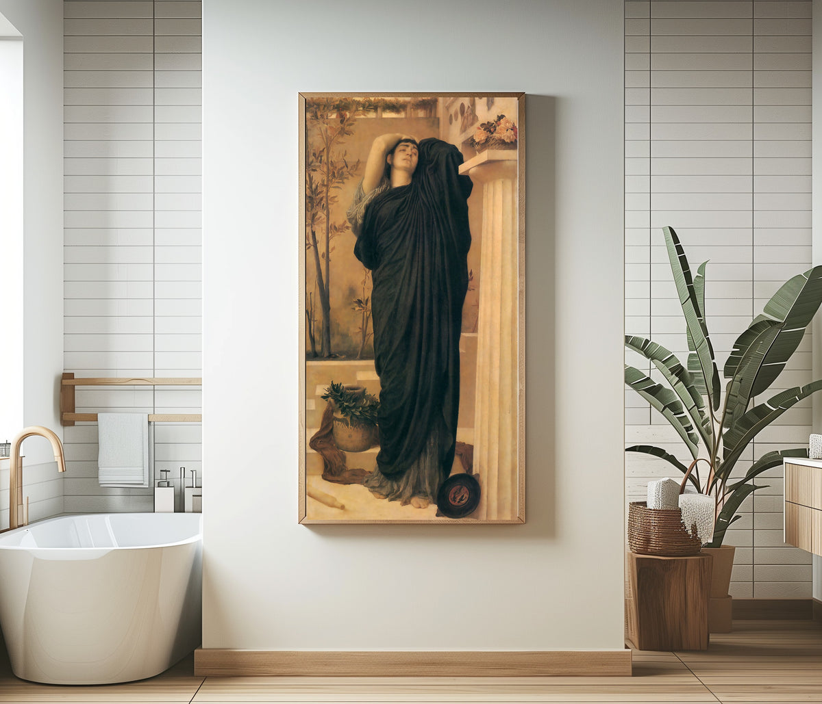 Framed art print of Electra at the Tomb of Agamemnon by Frederic Leighton, in a bathroom beside a freestanding tub