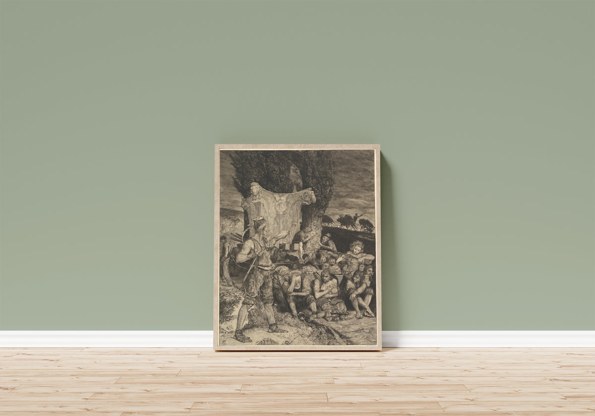 Framed art print of Elend by Max Klinger, in a light wood frame leaning on a sage green wall above a wooden floor