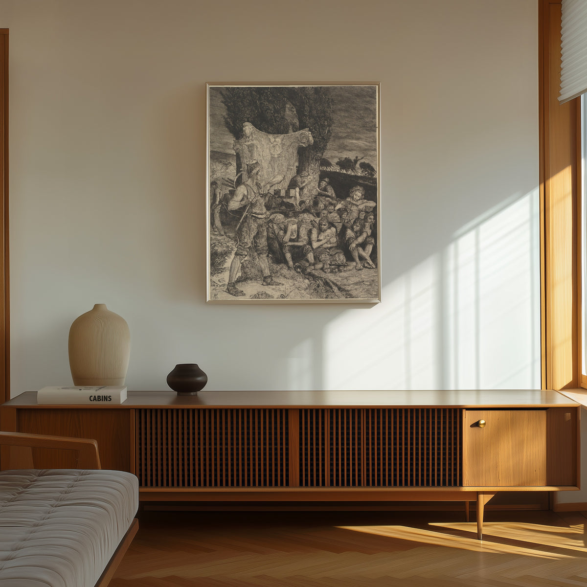Framed art print of Elend by Max Klinger, in a thin light frame on a sunlit wall above a wooden sideboard