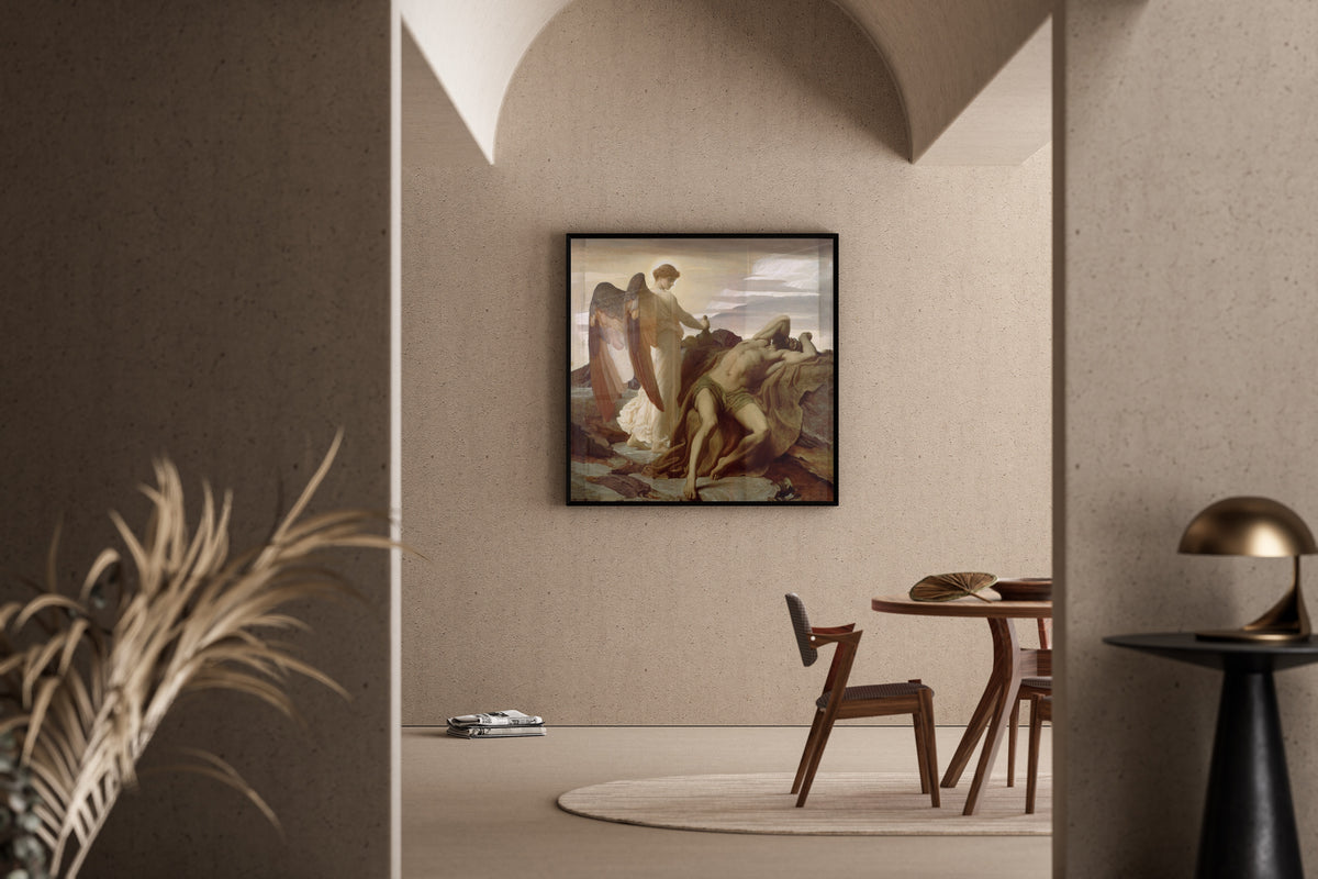 Framed art print of Elijah in the Wilderness by Frederic Leighton, in a sunlit dining corner