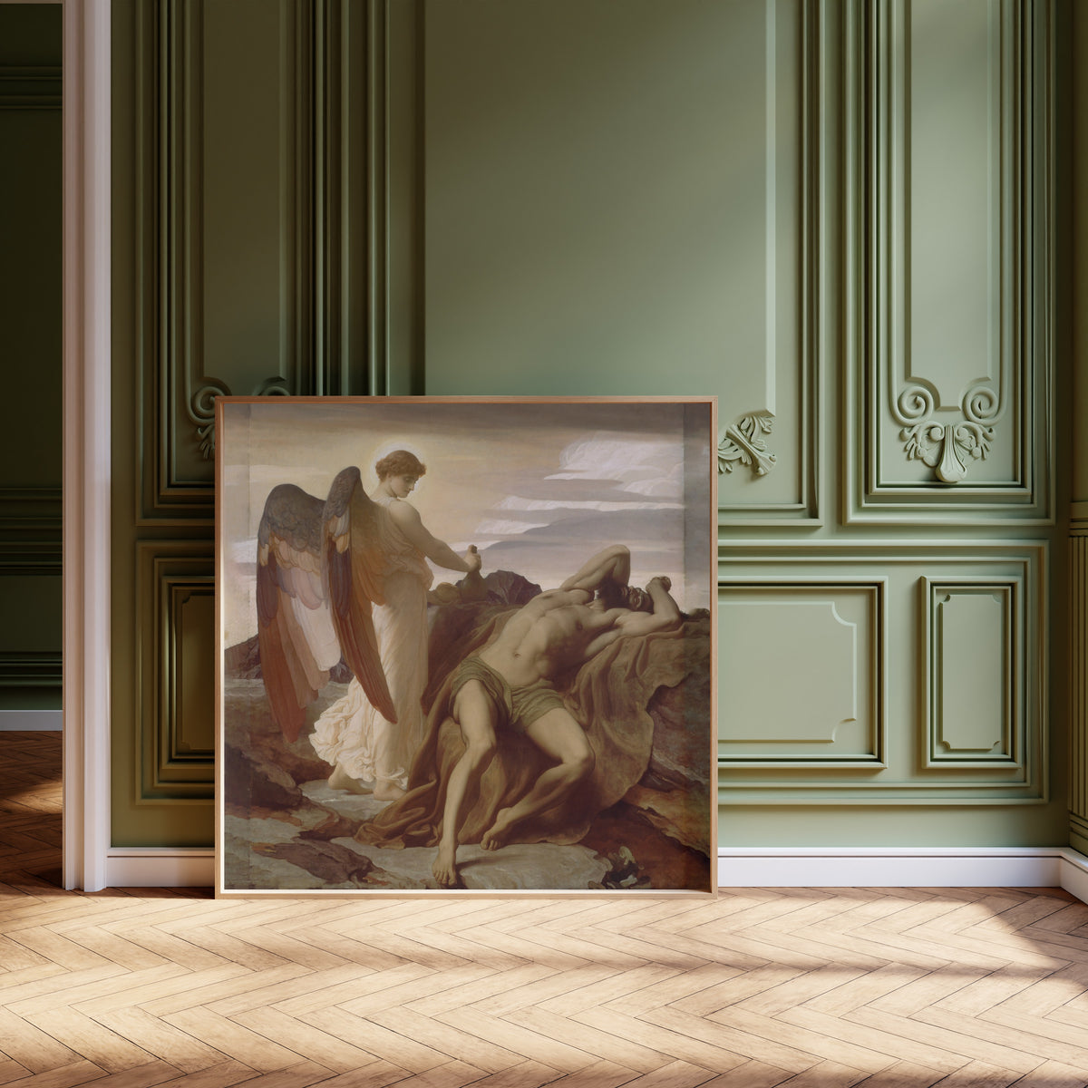 Framed art print of Elijah in the Wilderness by Frederic Leighton, leaning against olive-green panelling on a herringbone floor