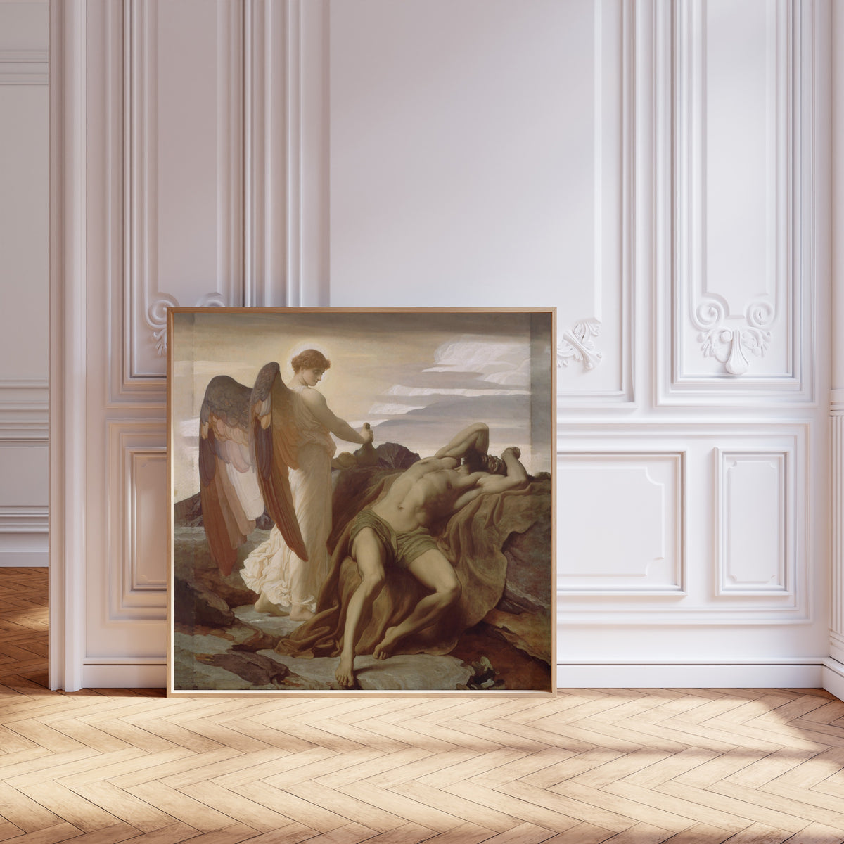Framed art print of Elijah in the Wilderness by Frederic Leighton, leaning against pale pink panelling on a herringbone floor