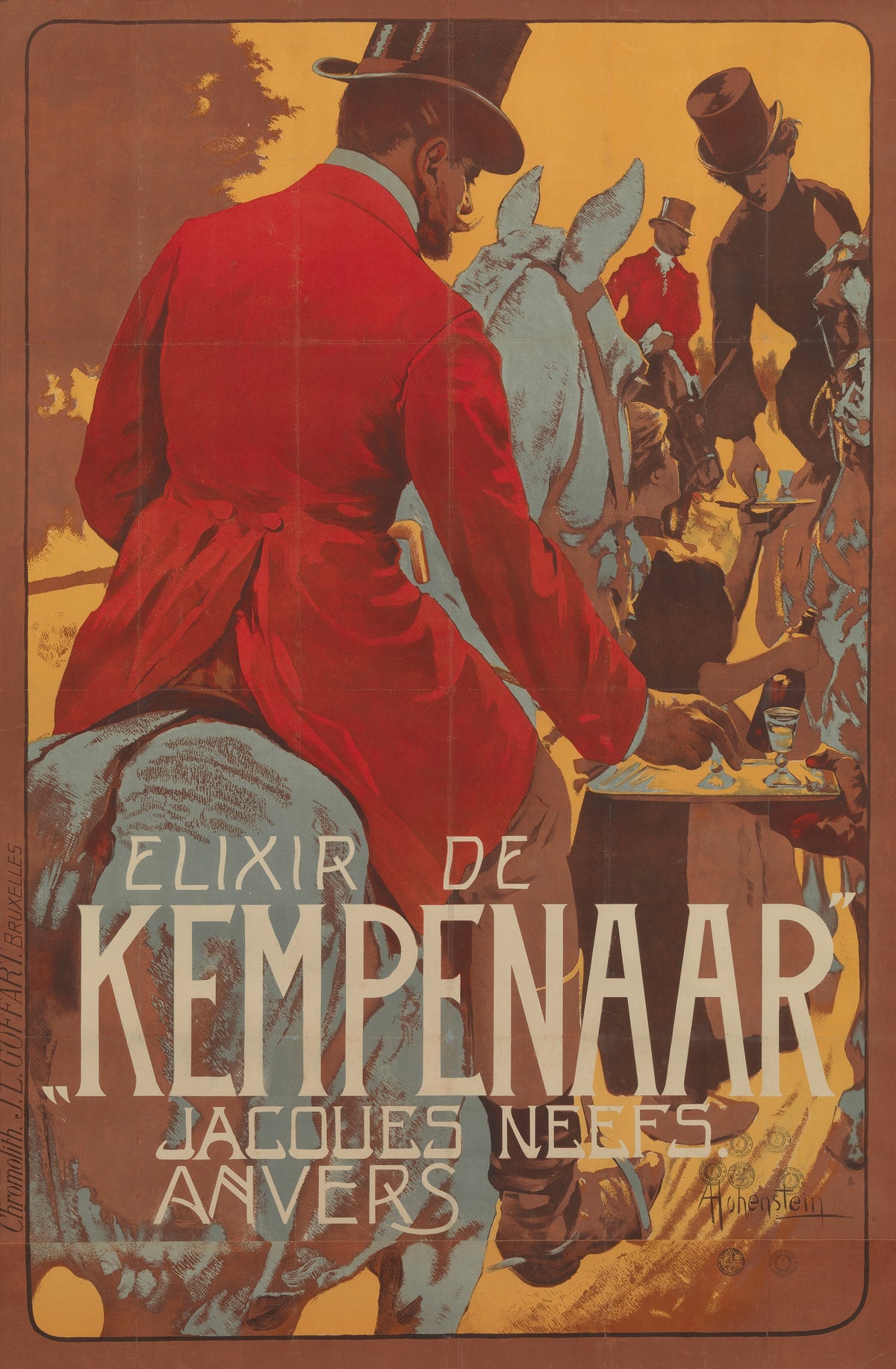 Elixir de Kempenaar by Adolfo Hohenstein — A rider in a red coat reaches for a glass on a hunt-day tray