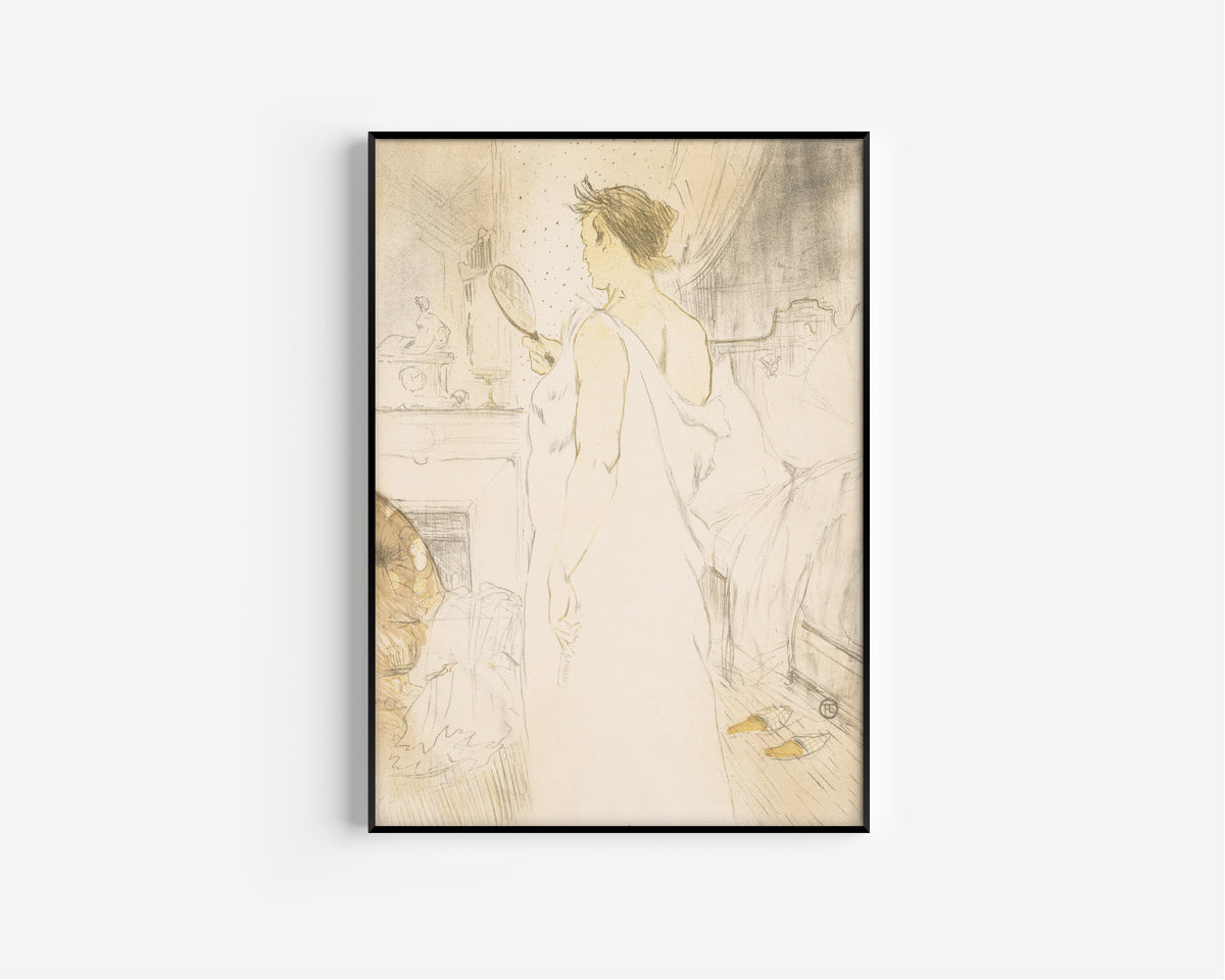 Framed art print of Elles: Woman with a Hand Mirror by Henri de Toulouse-Lautrec, in a slim black frame on a plain white wall