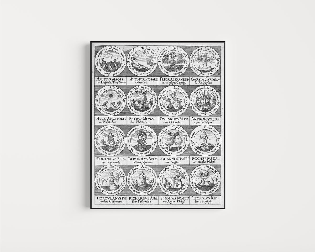 Framed art print of Emblems of Sixteen Alchemic Philosophers in Roundels (Basilica… by Johann Daniel Mylius, in a slim black frame on a plain white wall
