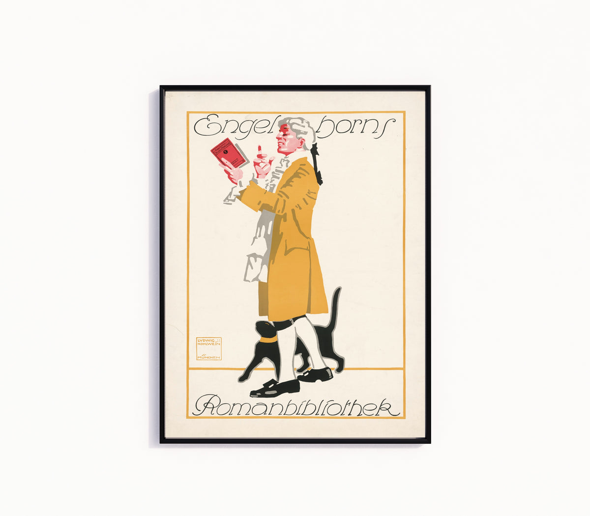 Framed art print of Engelhorns Romanbibliothek by Ludwig Hohlwein, in a slim black frame on a plain white wall