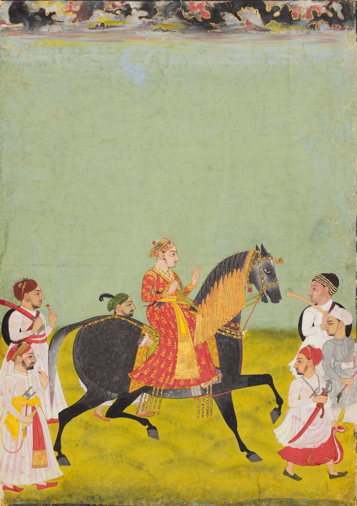 Equestrian Portrait of Maharana Raj Singh II of Mewar (r. 1755–62) by Mewar school — A maharana rides a black horse through a green field