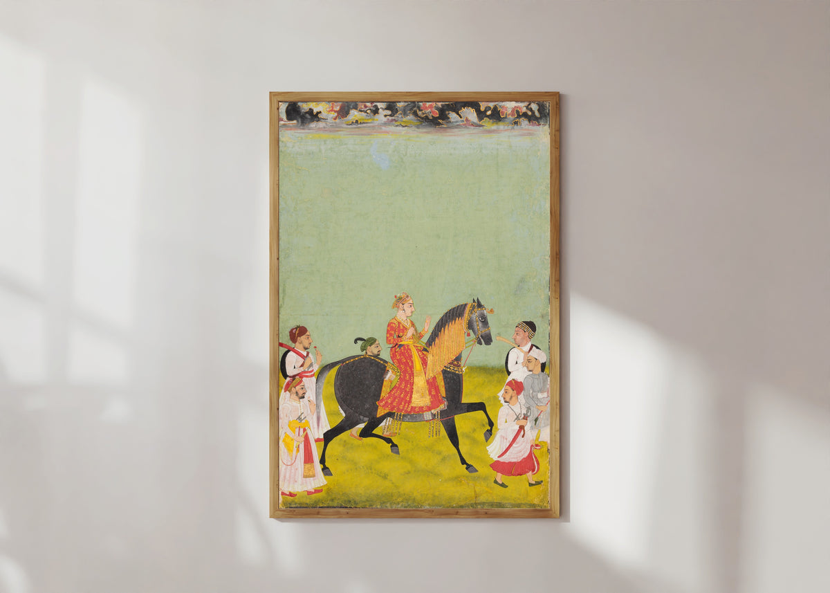 Framed art print of Equestrian Portrait of Maharana Raj Singh II of Mewar (r. 1755–62) by Mewar school, in a light wood frame on a sunlit white wall