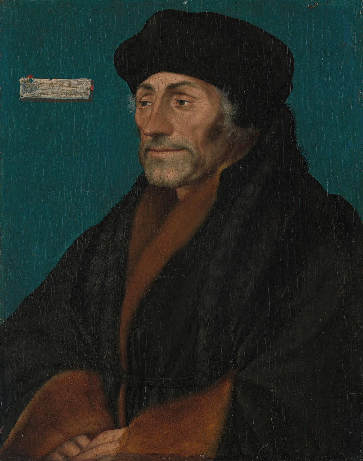 Erasmus of Rotterdam by Hans Holbein the Younger — A man in a black cap and fur-edged coat turns in three-quarter view