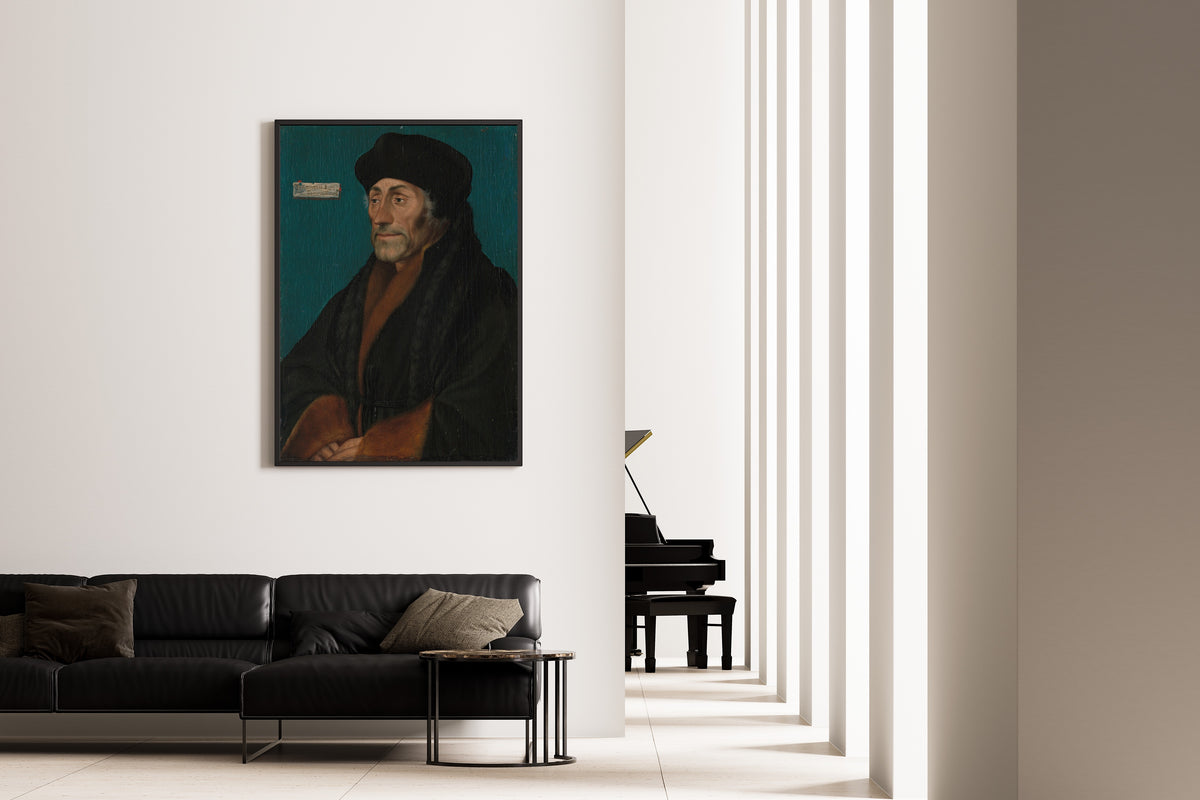 Framed art print of Erasmus of Rotterdam by Hans Holbein the Younger, on the wall of a minimal living room