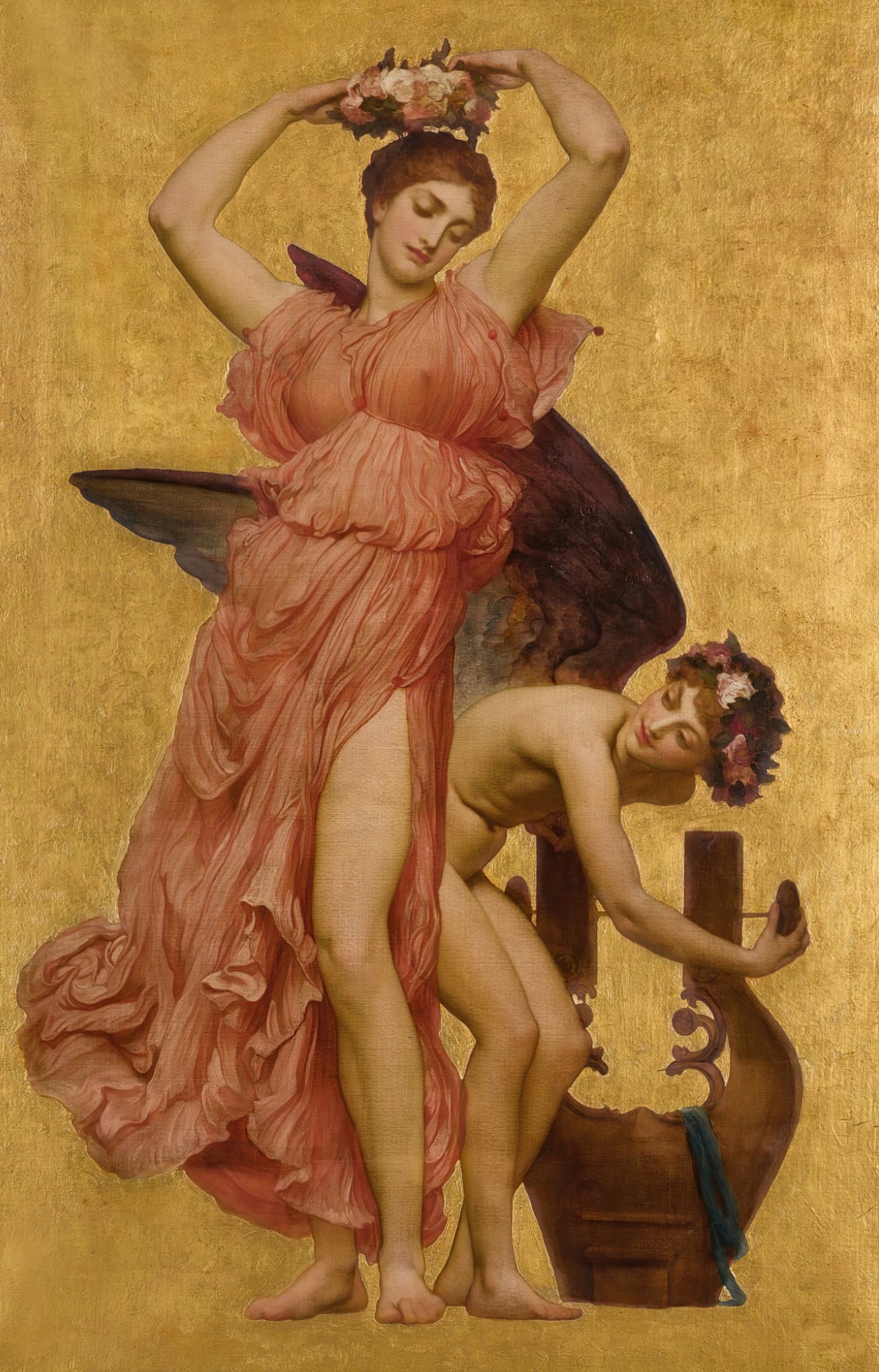 Erato by Frederic Leighton — Erato lifts a crown of roses as a winged boy leans on a lyre