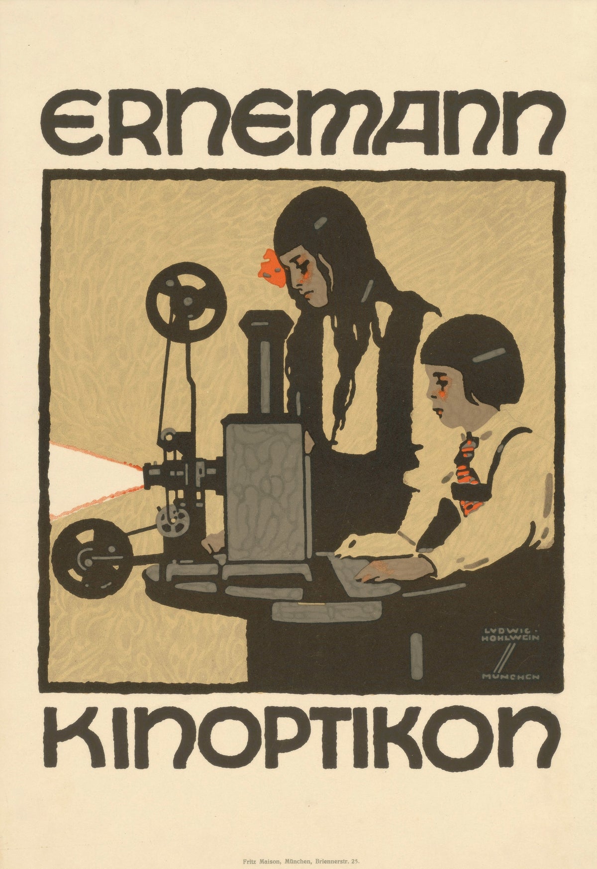 Ernemann Kinoptikon by Ludwig Hohlwein — Two children work a film projector by its beam of light