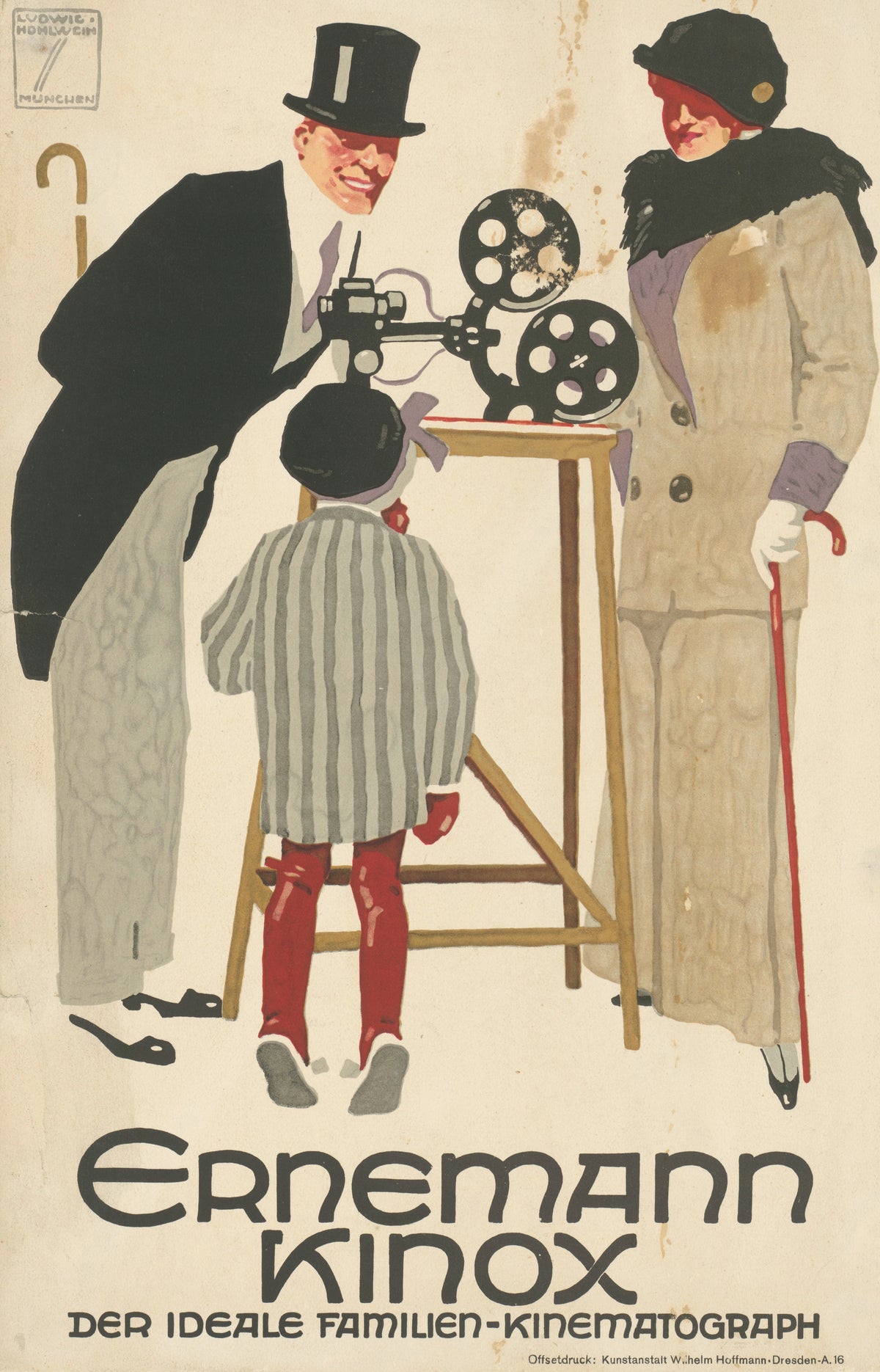 Ernemann Kinox: Der ideale Familien-Kinematograph by Ludwig Hohlwein — A couple and a child gather around a home film projector