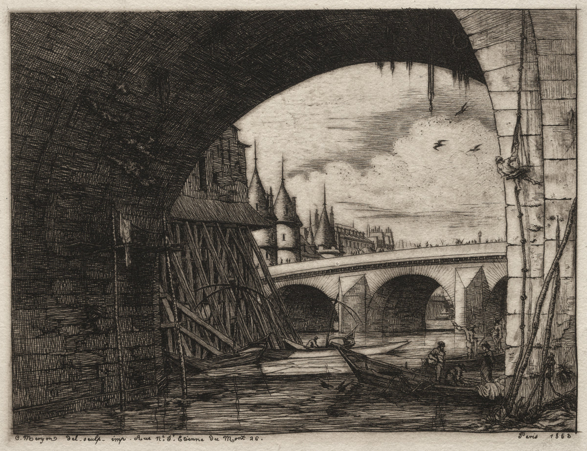 Etchings of Paris: An Arch of the Notre-Dame Bridge by Charles Meryon — The Seine and its turrets seen through a dark bridge arch
