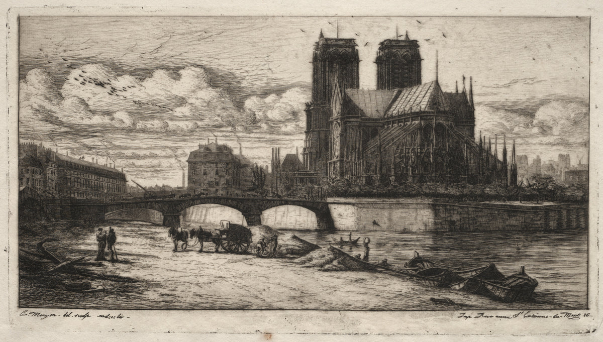 Etchings of Paris: The Apse of the Cathedral of Notre Dame by Charles Meryon — Notre Dame's apse and buttresses rise above the Seine
