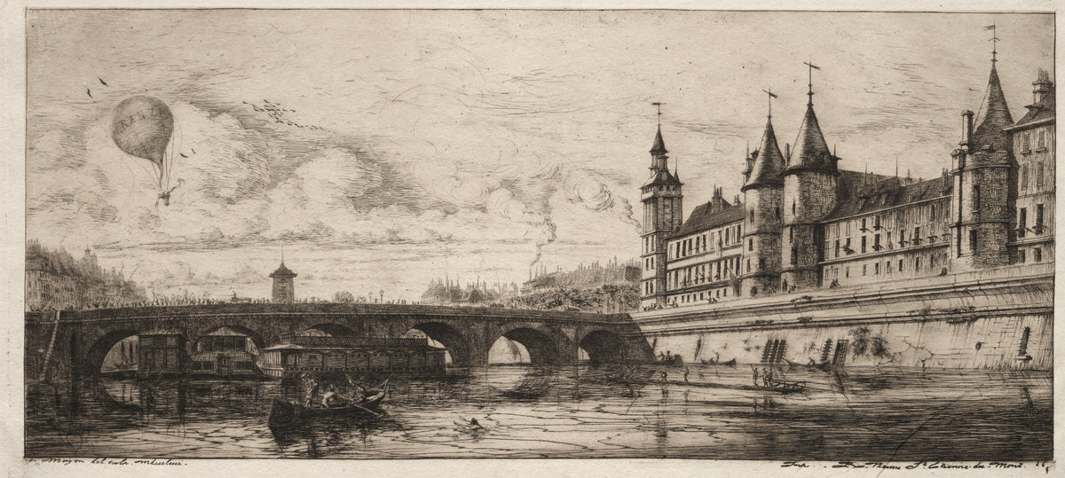 Etchings of Paris: The Exchange Bridge by Charles Meryon — A balloon drifts over a stone bridge and the turrets of the Seine