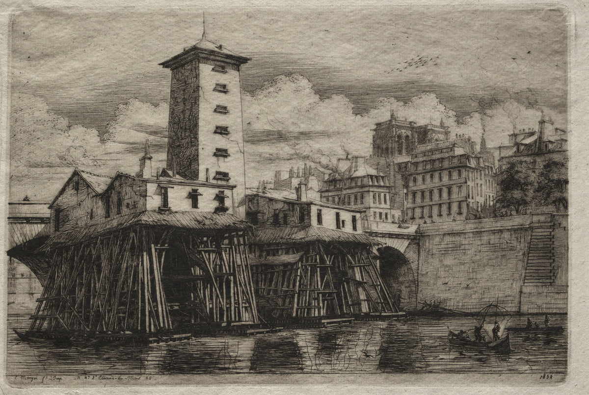 Etchings of Paris: The Notre Dame Pump by Charles Meryon — A pump house on timber stilts stands in the river below Notre Dame