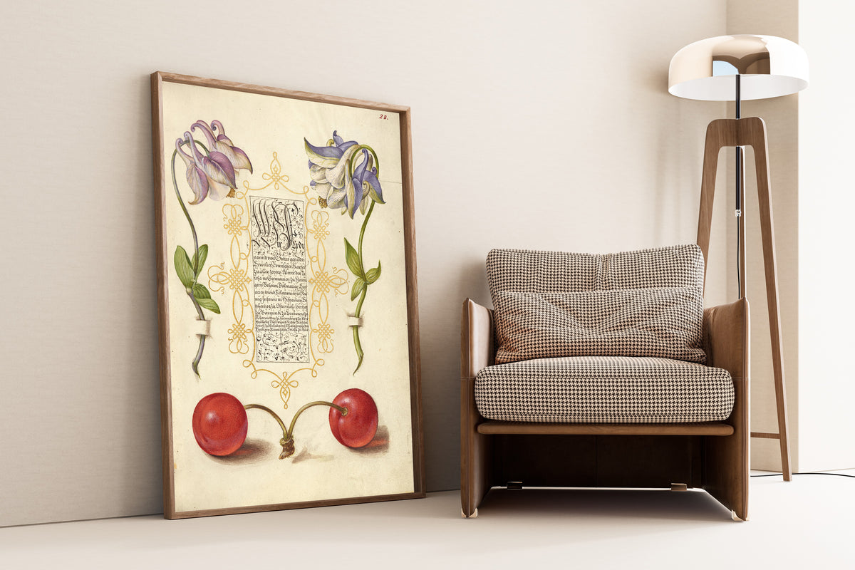 Joris Hoefnagel — European Columbines and Sweet Cherry | Botanical Calligraphy Print