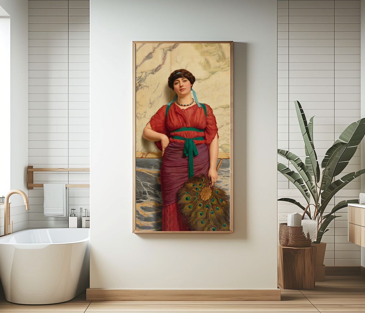 Framed art print of Eurypyle by John William Godward, in a bathroom beside a freestanding tub