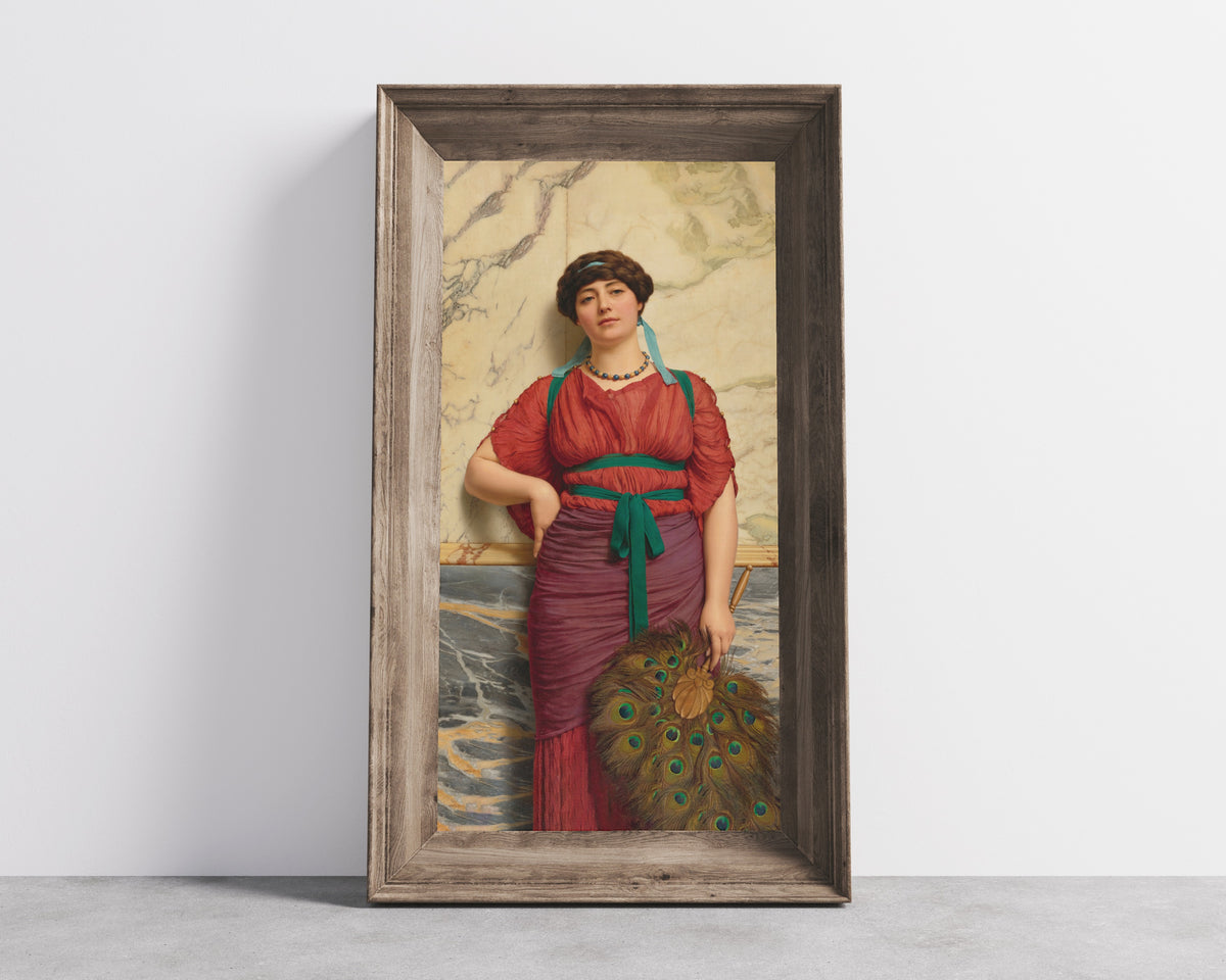 Framed art print of Eurypyle by John William Godward, in a wide wooden frame leaning against a concrete wall