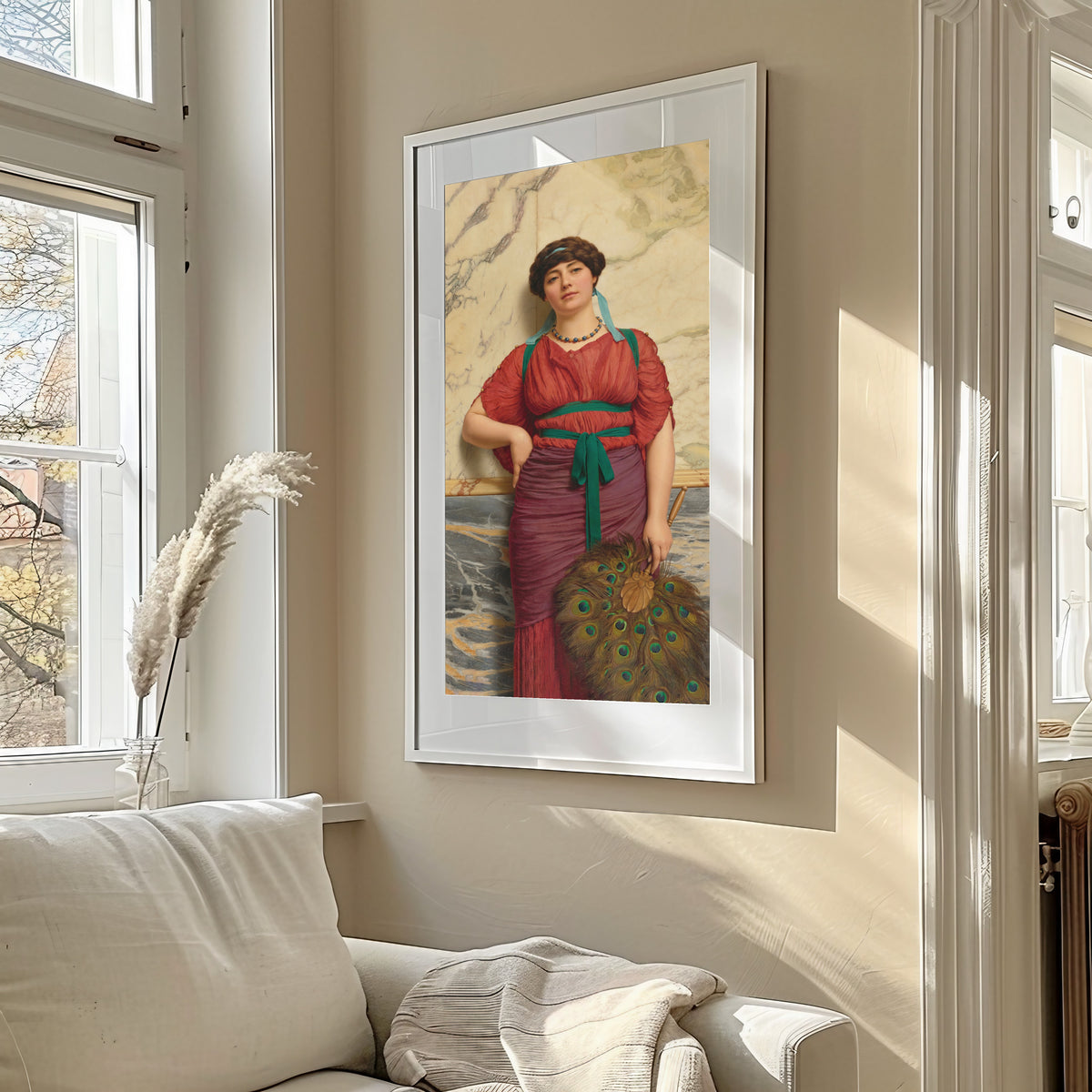 Framed art print of Eurypyle by John William Godward, in a sunlit living room above a sofa